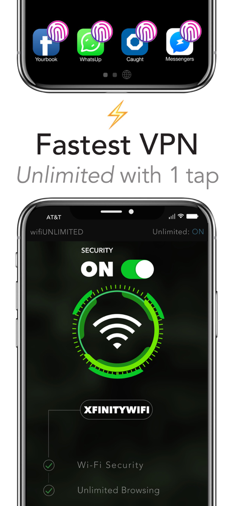 Fast Lock VPN app interface showing one-tap security activation and public Wi-Fi protection features