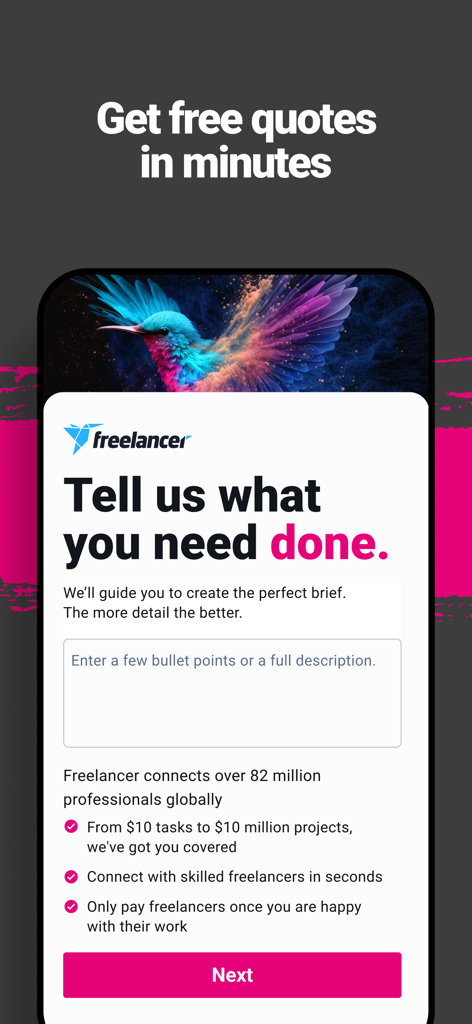 Freelancer - Hire & Find Jobs - Interfaz de la aplicación Freelancer para publicar un resumen de proyecto y recibir cotizaciones gratuitas de profesionales.