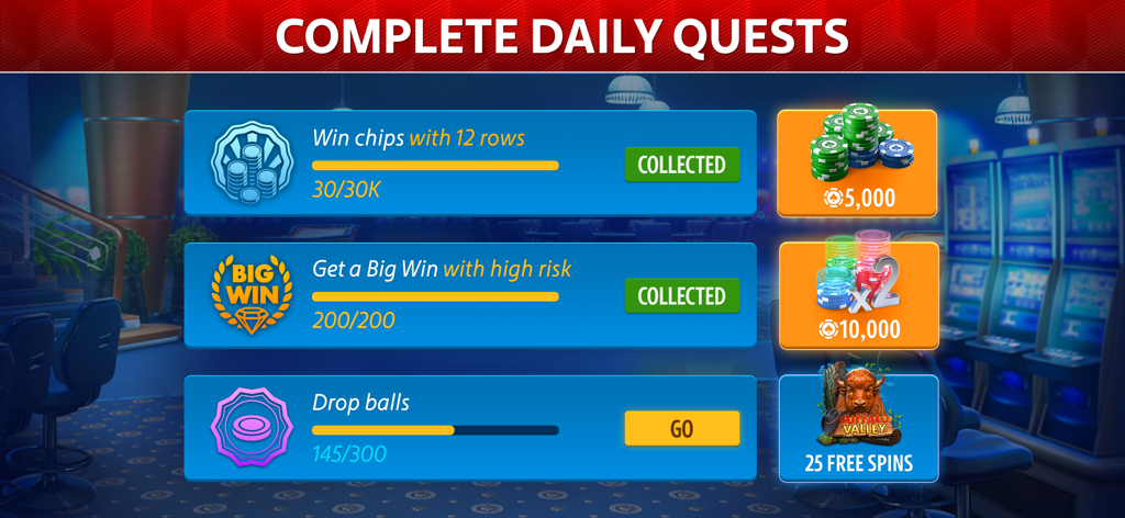 Plink by Pokerist - Daily quests screen in Plink by Pokerist showing chip rewards and progress bars for tasks.