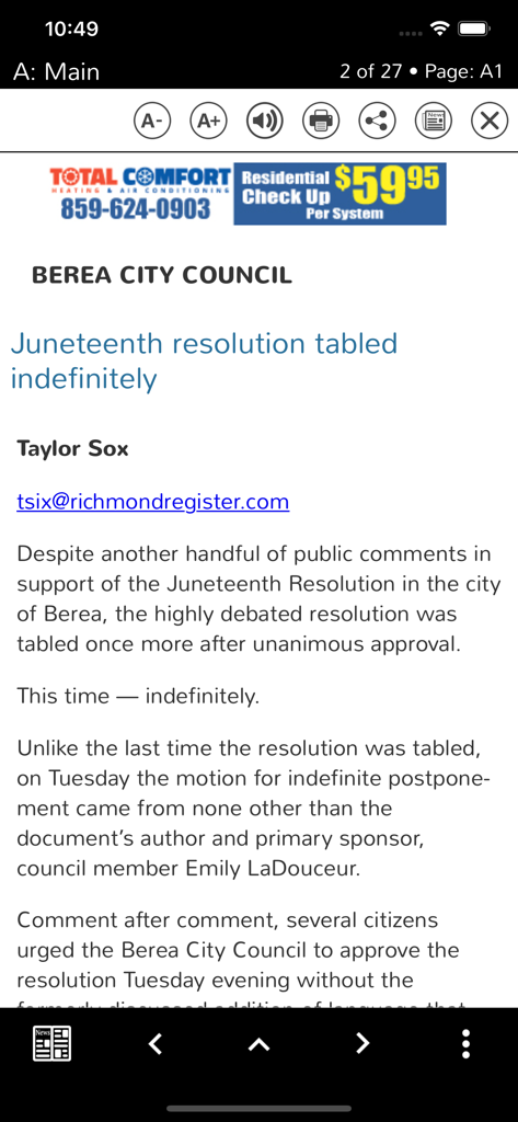 Richmond Register - Screenshot of the Richmond Register app displaying a local news article about the Berea City Council Juneteenth resolution.