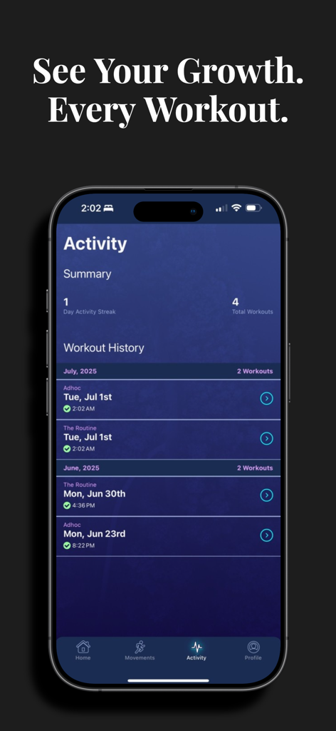 Hybrid Calisthenics app activity screen displaying workout history and daily activity streaks.