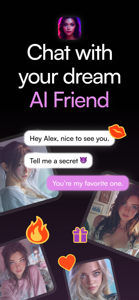 MyChar: Chat with AI Friends - MyCharモバイルアプリのインターフェース。AIキャラクターのポートレートとチャット会話が表示されています。