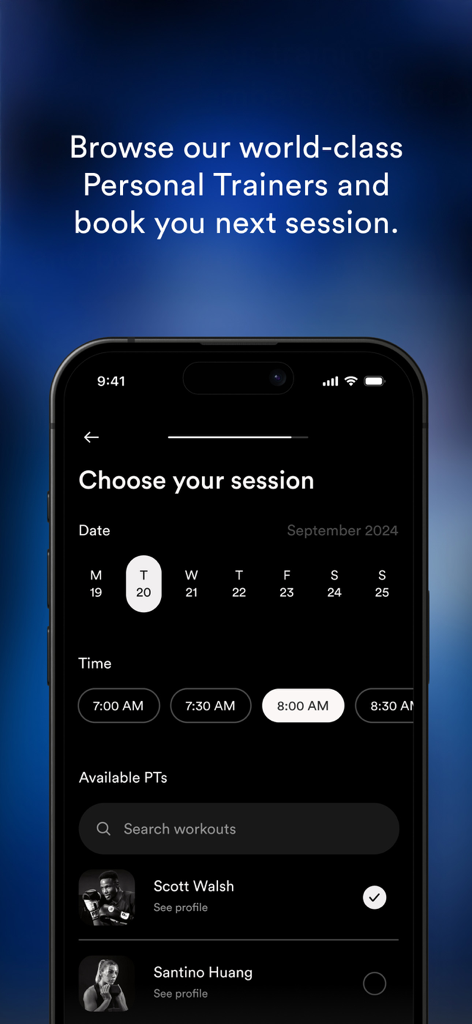 Third Space - Third Space app screen showing personal trainer selection and session booking with date and time options