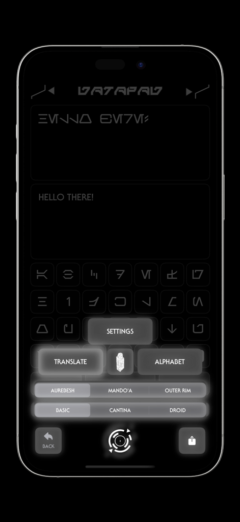 Captura de pantalla de la interfaz de la aplicación Datapad traduciendo la frase Hola a todos a guion Aurebés.