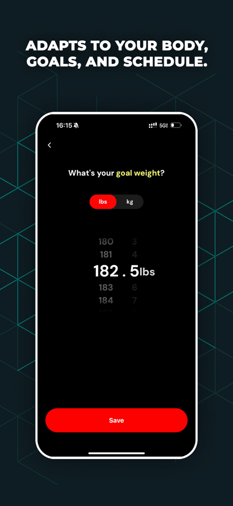 BEASTLY: Build Muscle Fast - A screenshot of the Beastly app interface where a user can set their goal weight in pounds using a numeric scroller.