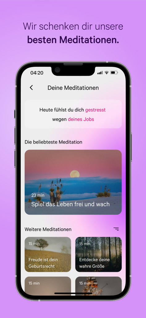 Interface do aplicativo de meditação homodea mostrando uma coleção de meditações guiadas e um prompt personalizado de alívio do estresse.