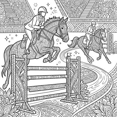 Experience the thrilling world of equestrian show jumping through this unique Zentangle coloring page. Delight in the intricate patterns filling every detail of the majestic horses and focused riders as they gracefully clear hurdles.