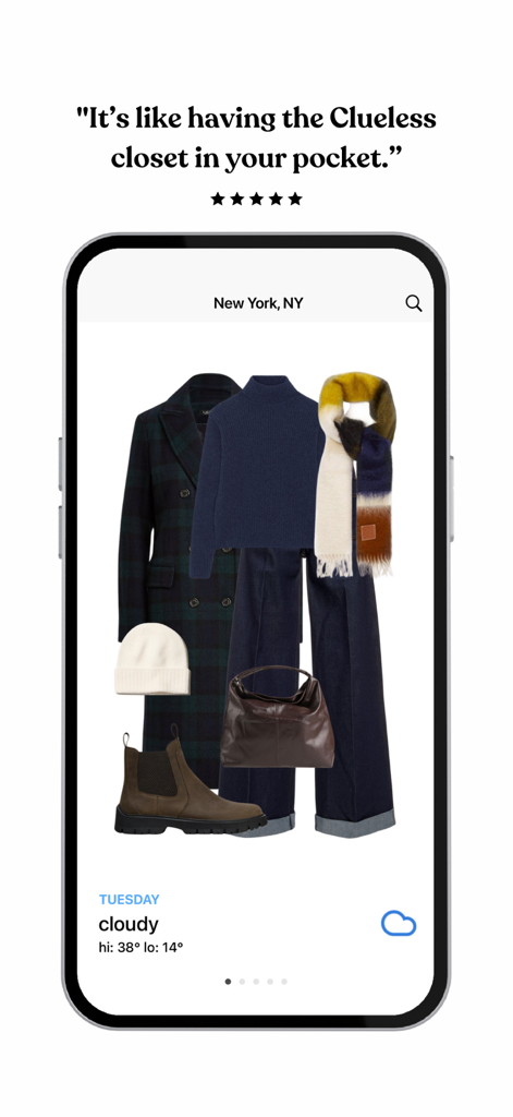 Daily Dress Me - what to wear - Daily Dress Me app displaying a winter outfit recommendation for cloudy weather in New York