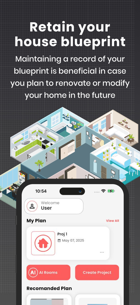 Abode - Home Design & Remodel - Interfaz de la aplicación Abode mostrando un plano de casa 3D y un panel de gestión de proyectos.