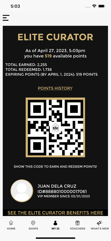 My SSI Life - Digital membership card showing Elite Curator status and rewards QR code