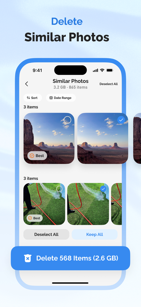 Tidy Up app interface showing the Similar Photos deletion feature with selected images and storage space savings