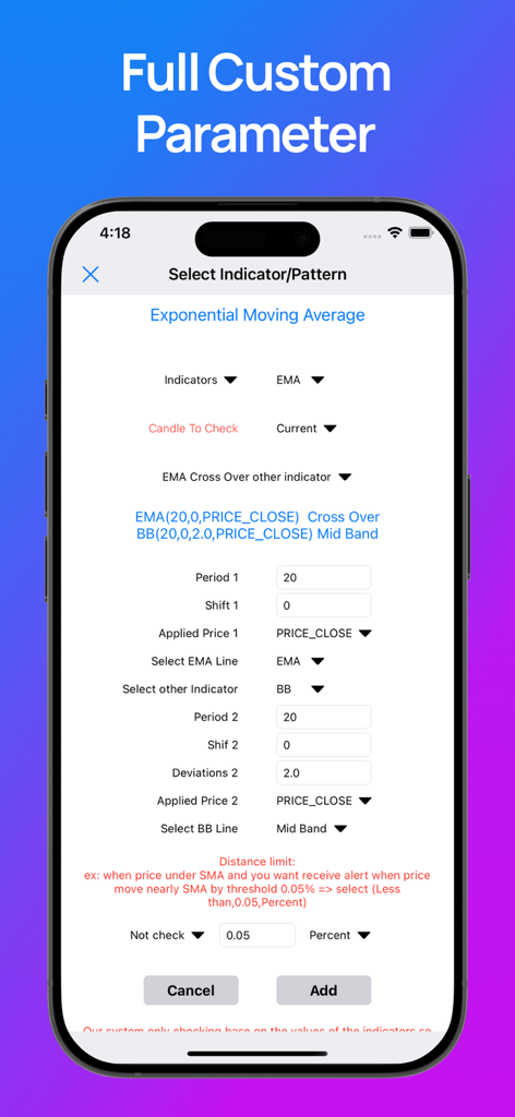 Interface d'application mobile pour la configuration de paramètres d'indicateurs techniques personnalisés et d'alertes de trading