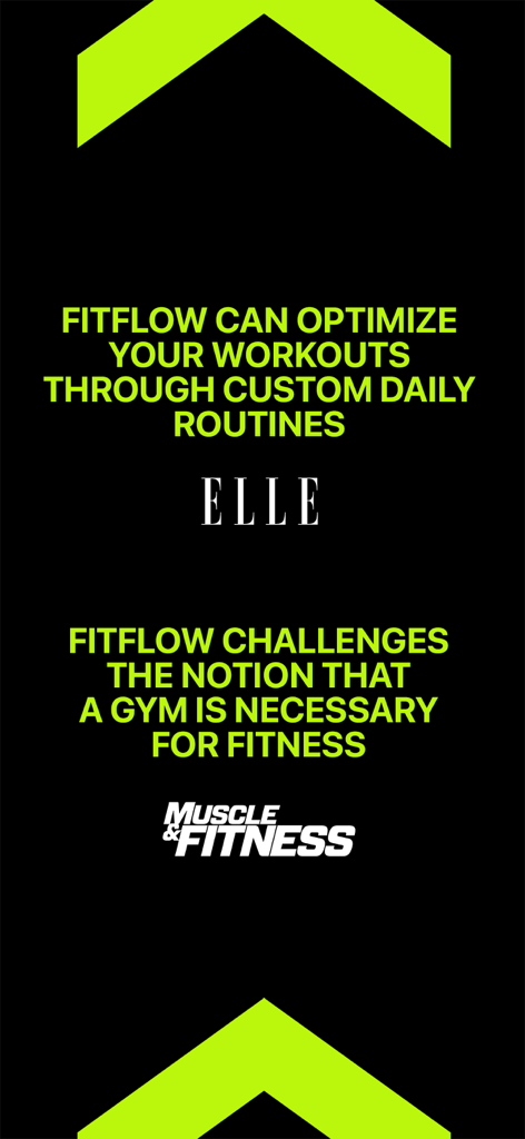 Home Workout Planner - FitFlow - Reseñas de prensa de la aplicación FitFlow de Elle y Muscle and Fitness destacando ejercicios personalizados en casa