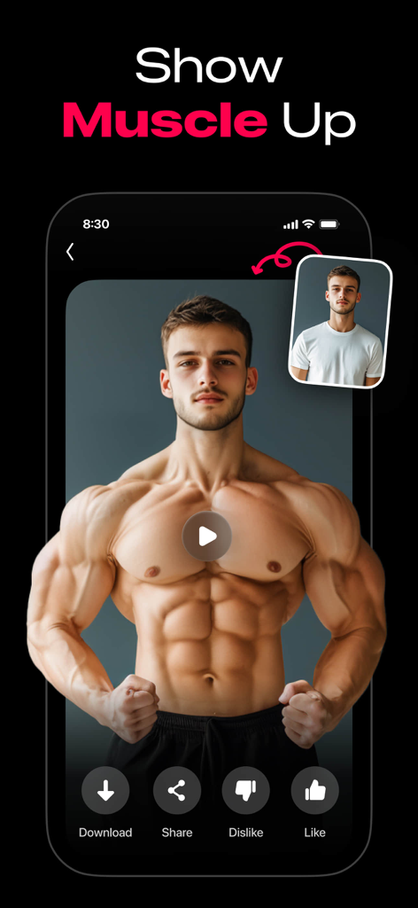 ArtReel app showing a muscle up AI video effect on a man portrait