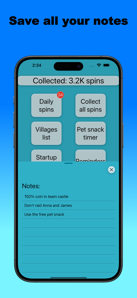 Master of spin and coin - Master of spin and coin app screenshot showing the game notes feature with strategic reminders for Coin Master players
