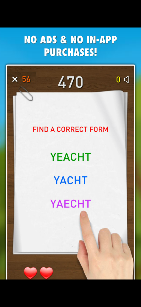 A spelling test app showing multiple choices for the word yacht on a digital notepad.