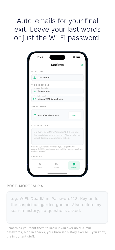 Are You Dead? - Still Alive? - Settings screen of the Are You Dead app showing the Post Mortem PS section for leaving final instructions and Wi-Fi passwords