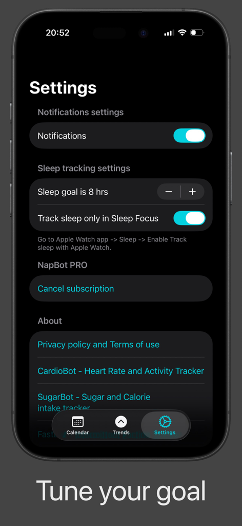 NapBot - Auto Sleep Tracker - Tela de configurações do aplicativo NapBot mostrando metas de sono e opções de notificação em um iPhone.