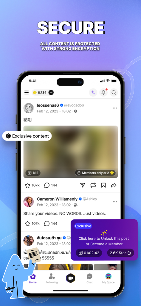 Tevi - Screenshot of the Tevi app interface highlighting secure encryption and exclusive content for members