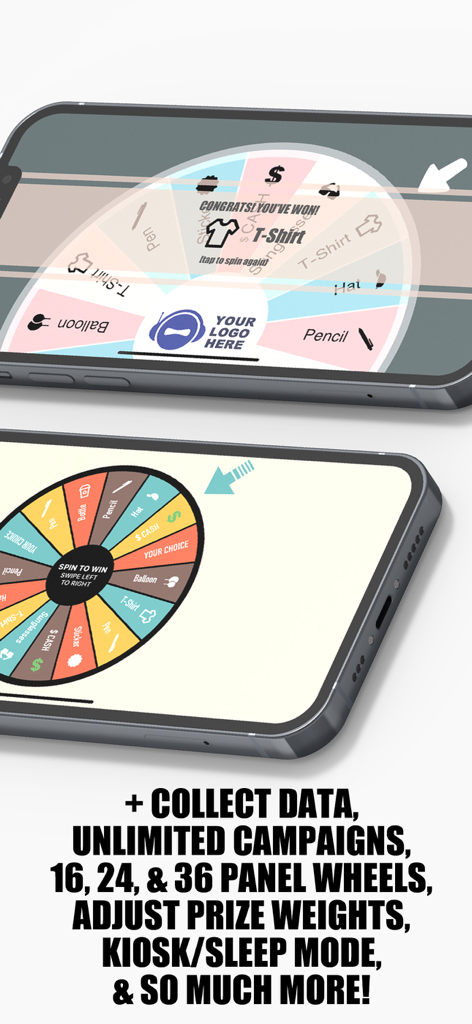 iPrizeWheel HD app displayed on smartphones showing a digital prize wheel and list of marketing features