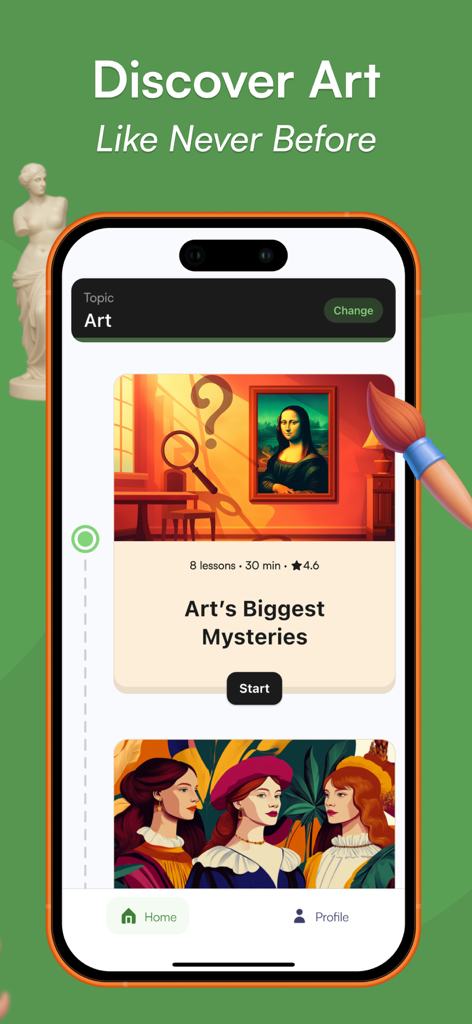 SmartyMeアプリのインターフェース。モナ・リザの写真とともに、「アートの最大の謎」というタイトルのアートコースが表示されています。