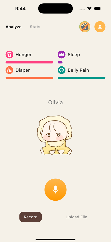 Waa Waa - Interfaz de la aplicación Waa Waa que muestra análisis de IA en tiempo real del llanto de un bebé con categorías para hambre, sueño, pañal y dolor de barriga.