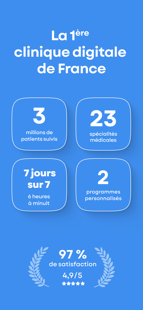 Infographic showing Qare app statistics including 3 million patients 23 medical specialties and a 4.9 star rating