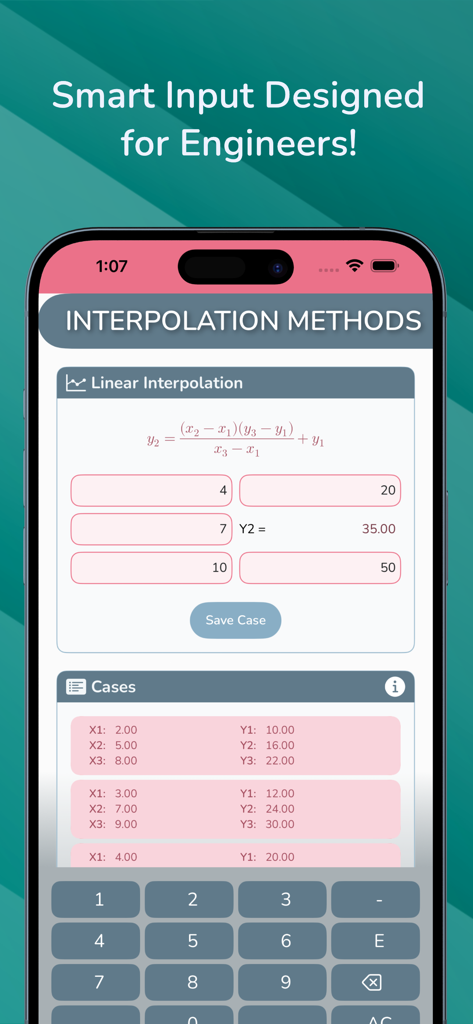 Mobile App-Oberfläche von Interpolationsmethoden, die eine lineare Interpolationsformel und Eingabefelder für Ingenieure anzeigt