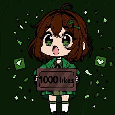 a chibi girl with a shocked expression with a sign that says "1000 likes" with confetti around her