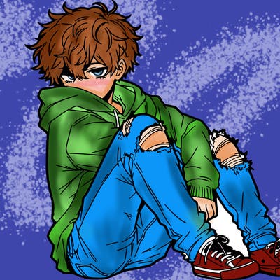 a male hoddie ripped jeans messy hair anime