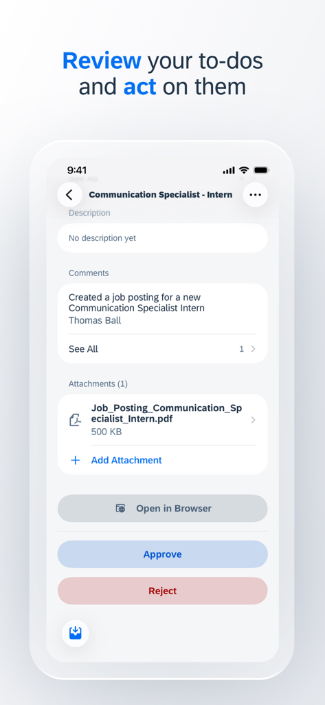 SAP Mobile Start app screen showing a business task approval for a job posting with options to approve or reject.