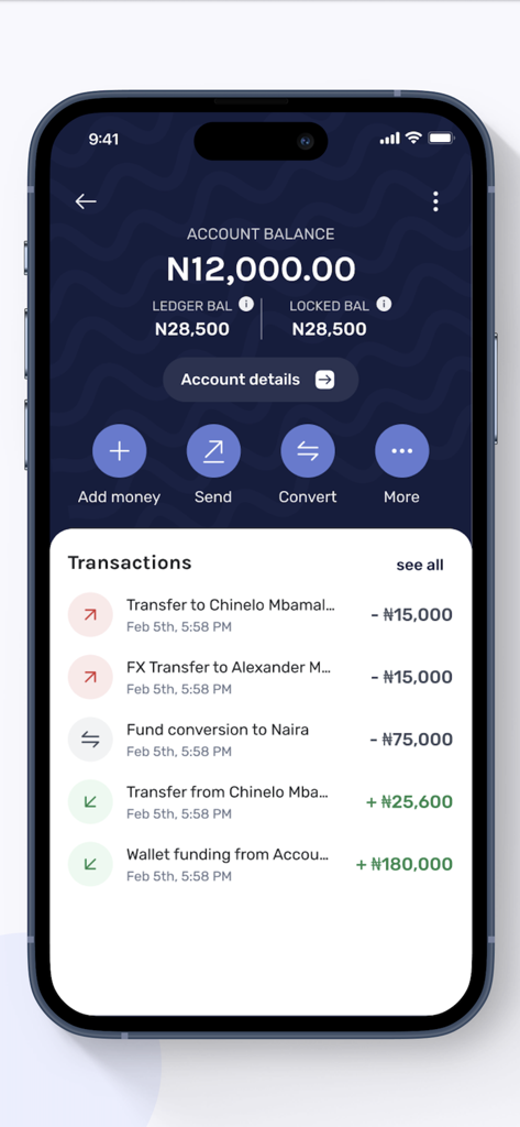 Mobile Benutzeroberfläche der Changera-App, die einen nigerianischen Naira-Kontostand und die Transaktionshistorie anzeigt.