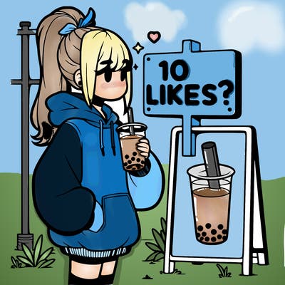 girl with oversized hoodie drinking boba and she has a high ponytail with a sign that says 10likes?
