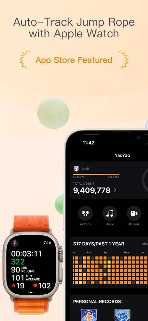 YaoYao - Jump Rope - YaoYao app showing jump rope workout tracking on Apple Watch and iPhone