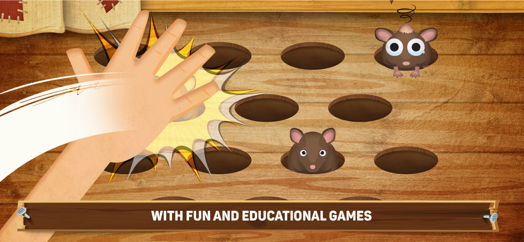 How did Pirates Live? - Eine Hand spielt ein interaktives Lernspiel im Whack-a-Mole-Stil mit Ratten an Deck eines hölzernen Piratenschiffs.