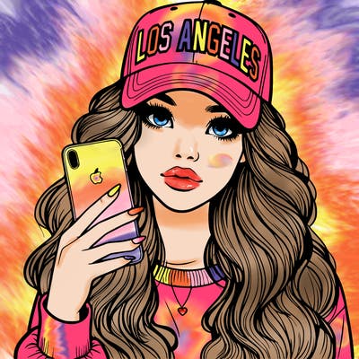 realistic beautiful girl wearing los ángeles cap holding an iphone