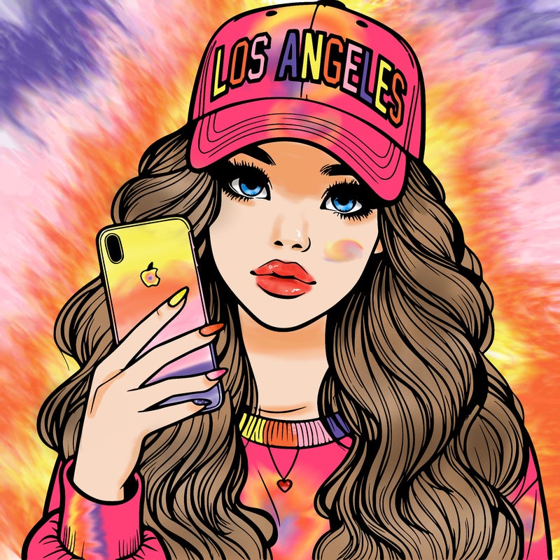 realistic beautiful girl wearing los ángeles cap holding an iphone