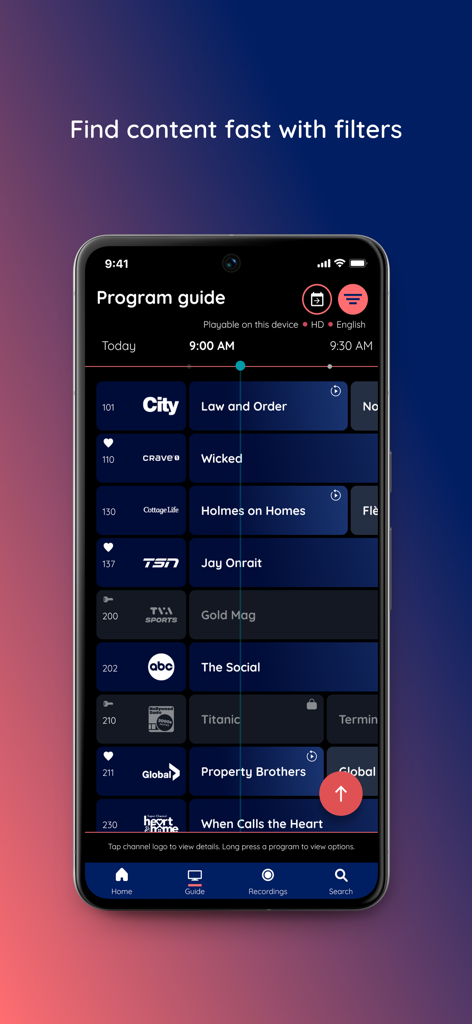 Cogeco EPICO - A smartphone displaying the Cogeco EPICO app program guide with various TV channel listings and schedules.