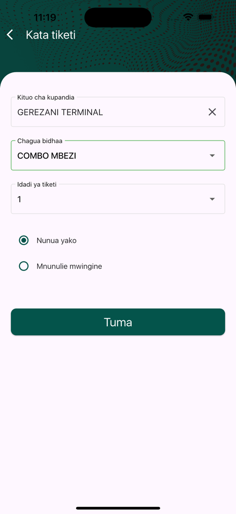 A mobile interface for buying bus tickets on the Mwendokasi app showing station selection and ticket quantity options