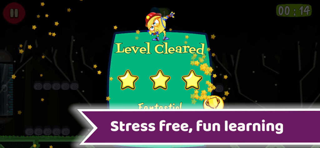 Math Rescue: 7－9 Year Old Game - Level cleared screen in Math Rescue game showing three stars and a celebrating fireman character