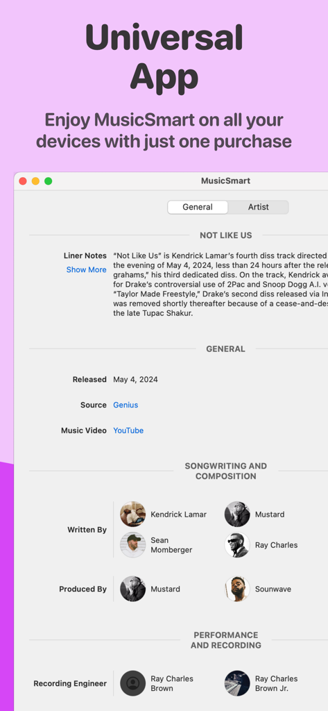 MusicSmart - Liner Notes - MusicSmart app interface on macOS showing songwriting and production credits for Kendrick Lamar
