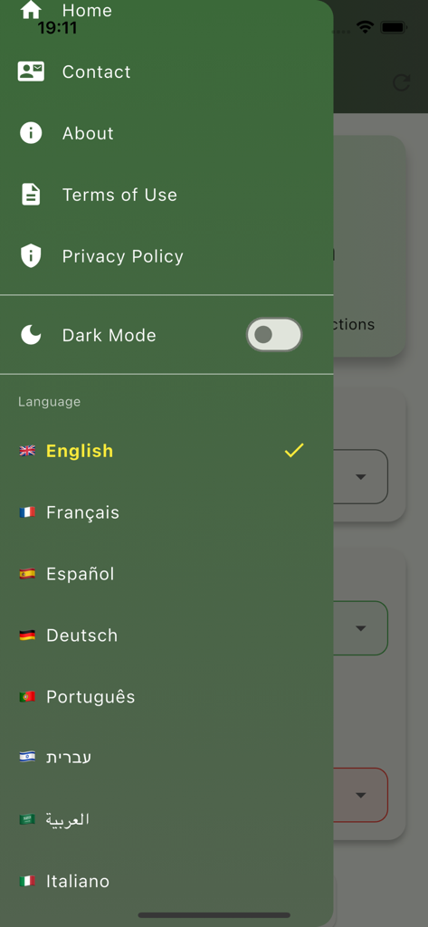 PredictaFootIA - PredictaFootIA app settings menu showing language selection and dark mode toggle
