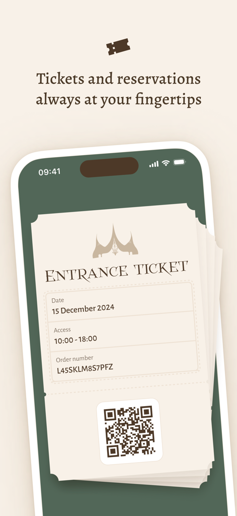 Interfaz de la aplicación Efteling que muestra una entrada digital con código QR y detalles de la reserva
