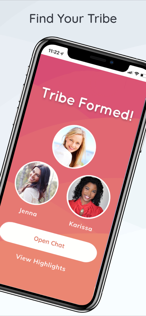 A mobile screenshot of the We3 app showing three compatible people matched together in a new tribe