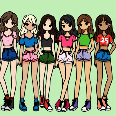 a group of girls wearing crop tops and shorts