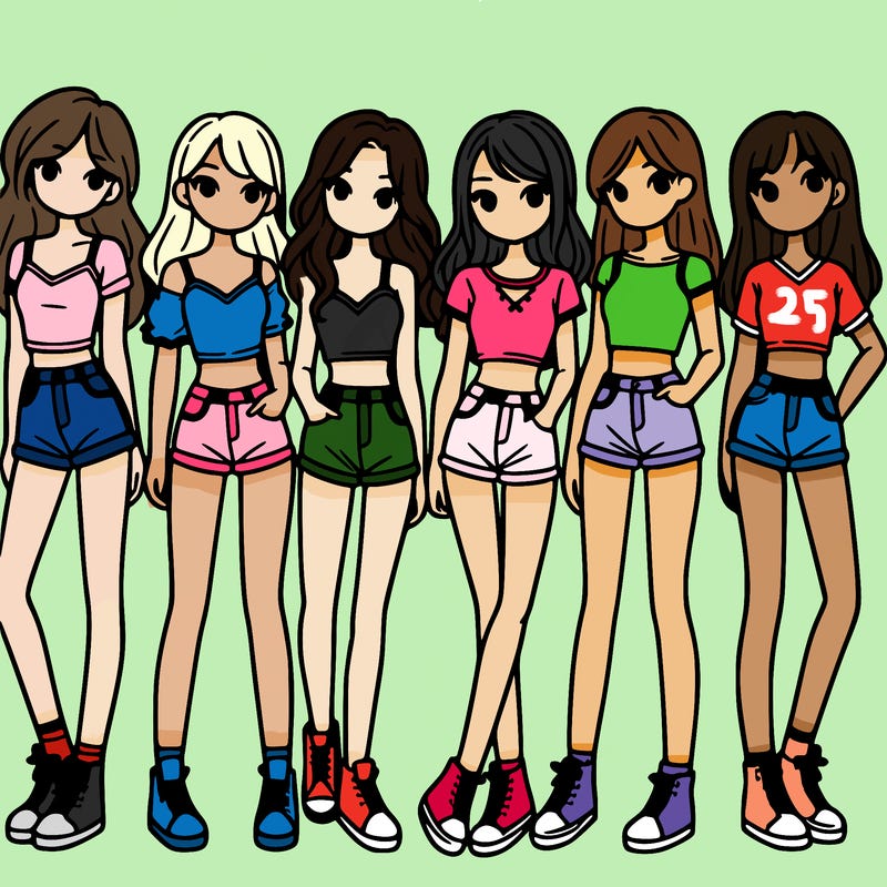 a group of girls wearing crop tops and shorts