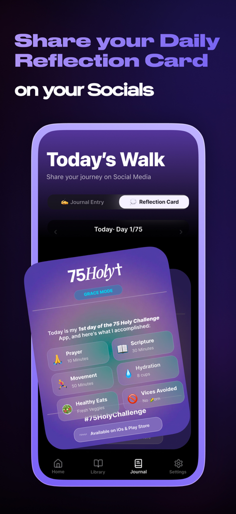 Daily reflection card from the 75 Holy Challenge app for social media sharing.