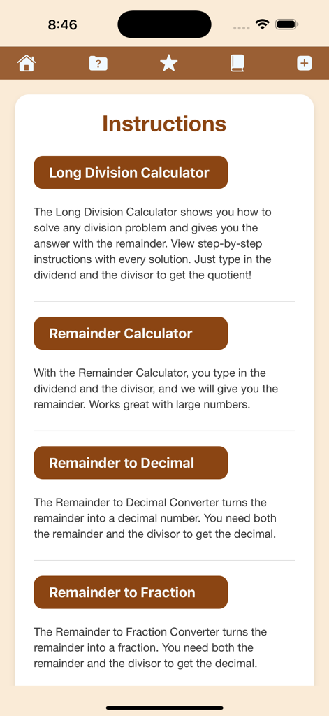 Pantalla de la aplicación mostrando instrucciones para las funciones de división larga y cálculo de restos