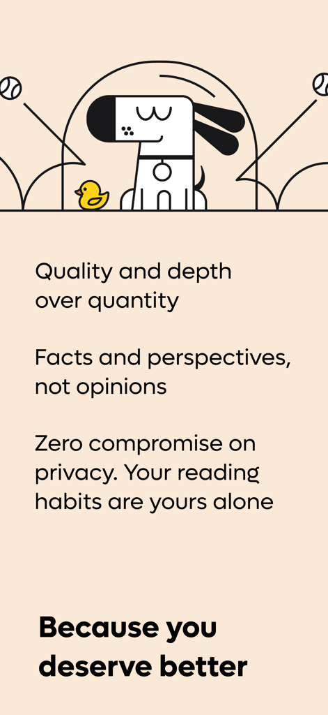 Kagi News app screenshot featuring its mission for quality journalism and privacy with a mascot illustration.