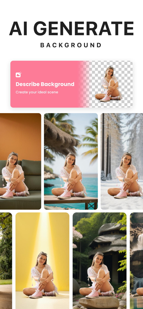 Background Eraser - Remove BG* - AI background generator feature showcasing multiple backdrop options for a portrait